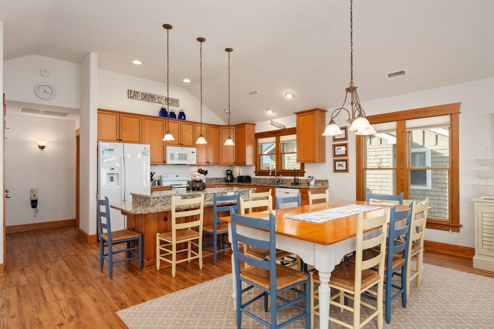 Kitchen and dining area, wooden decor.