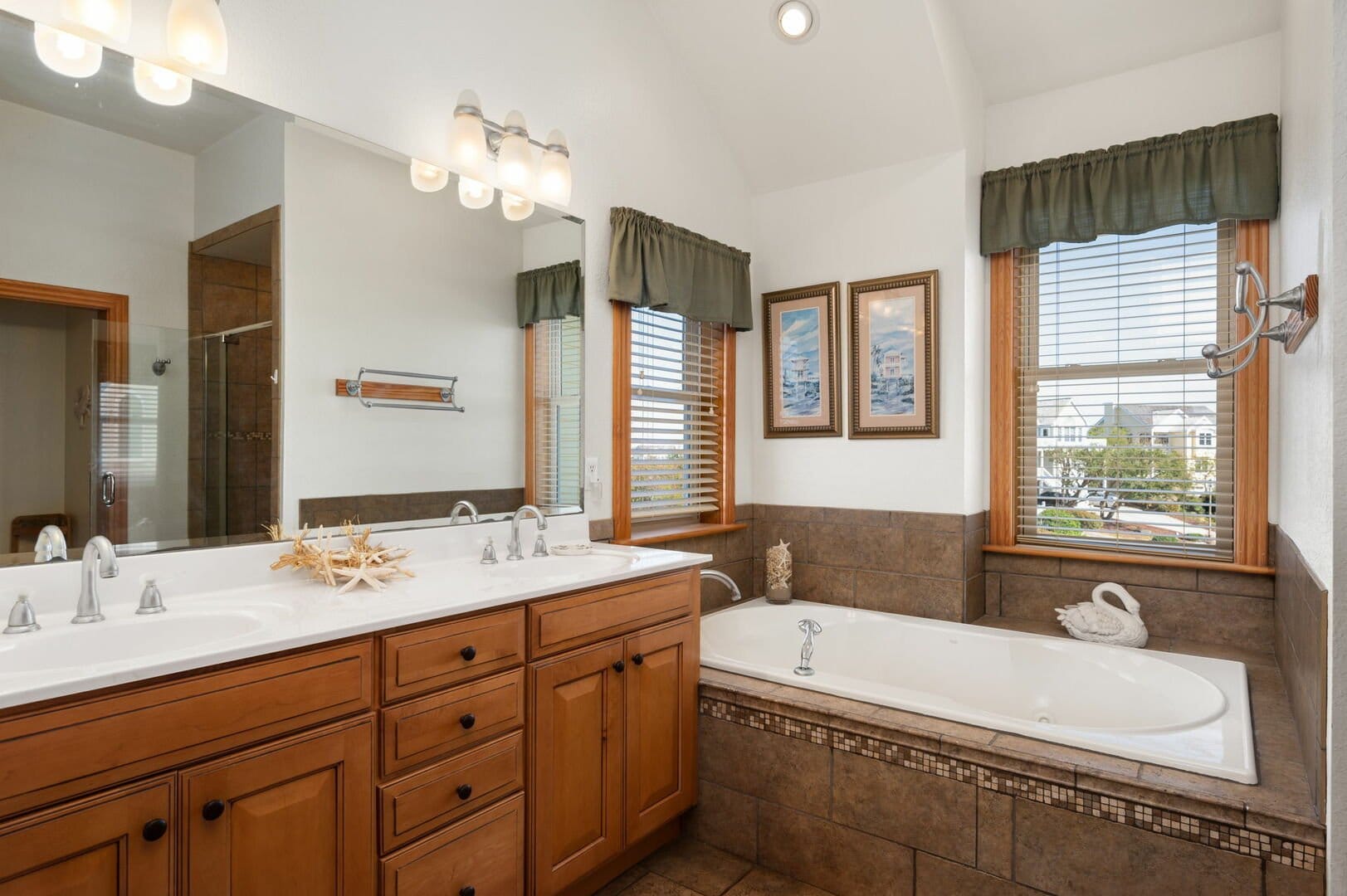 Bathroom with tub and vanity.