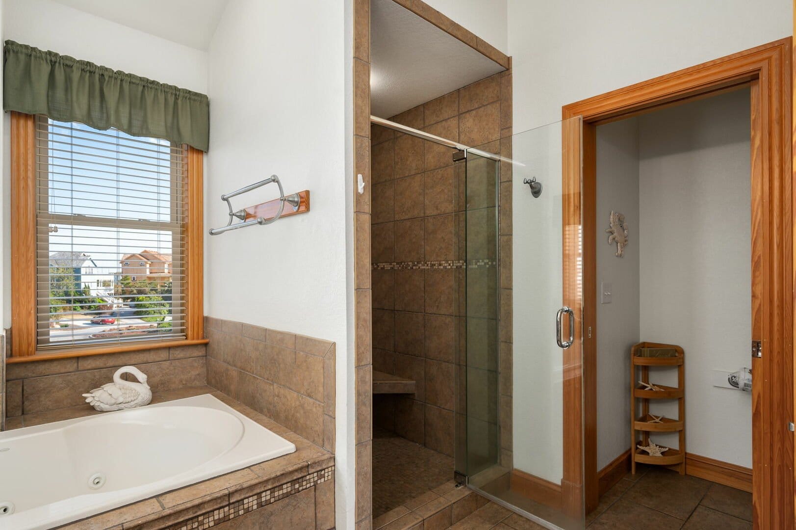 Bathroom with tub and shower.