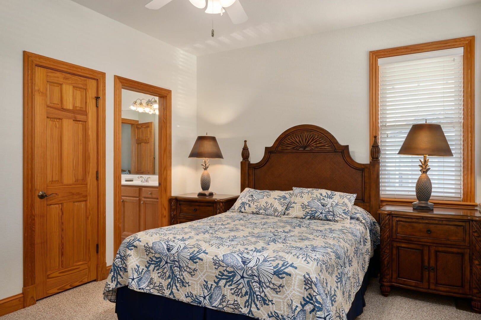 Cozy bedroom with floral bedding.