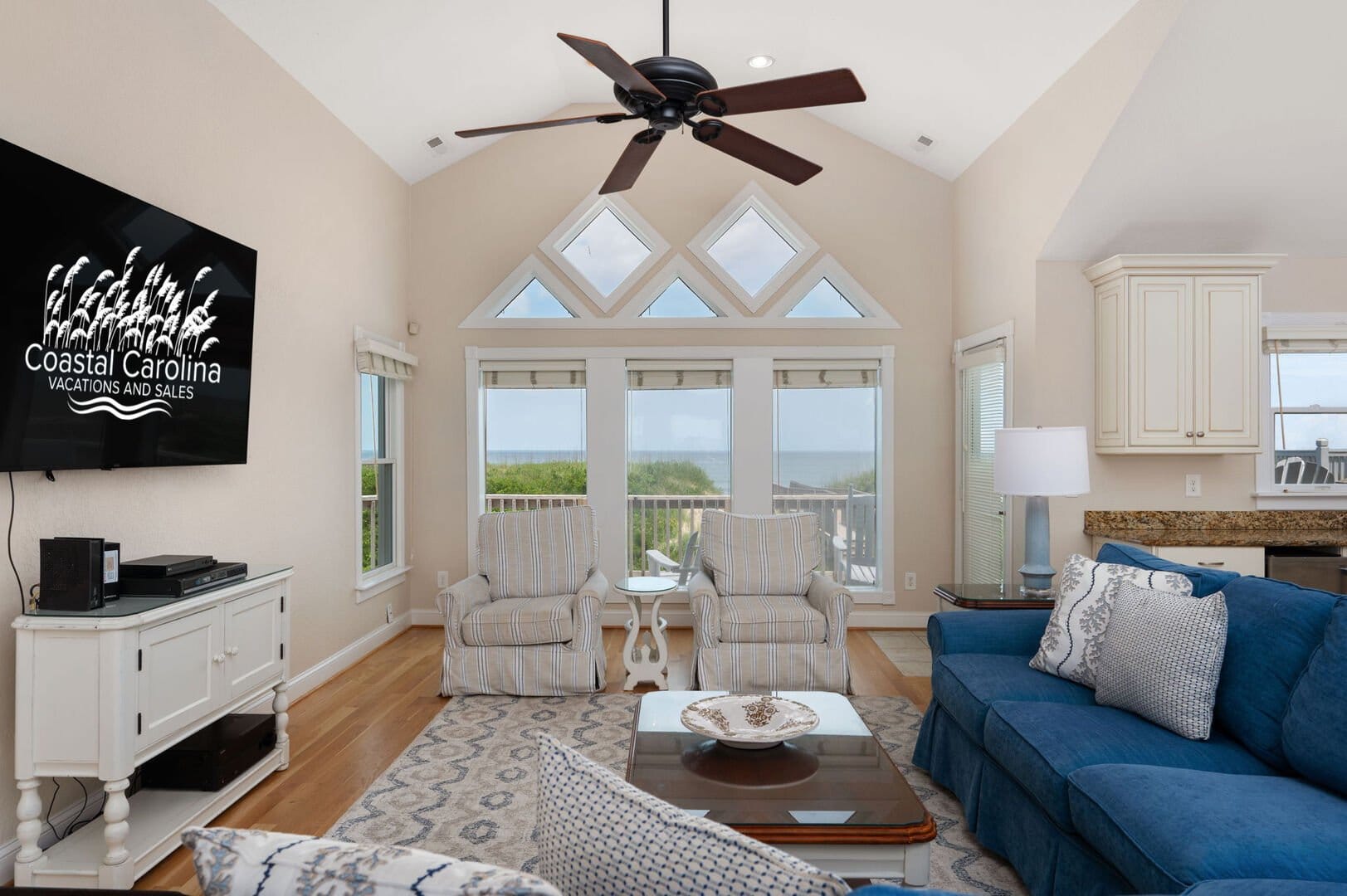 Coastal living room with ocean view.