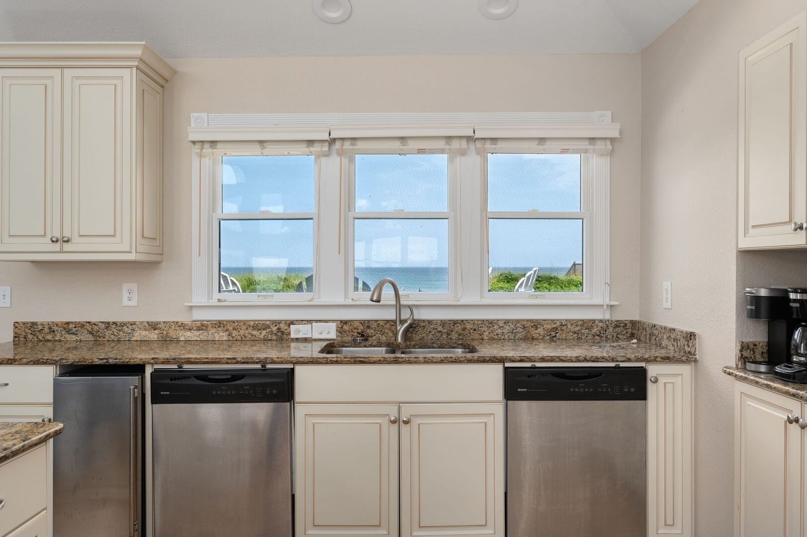 Kitchen with ocean view windows.