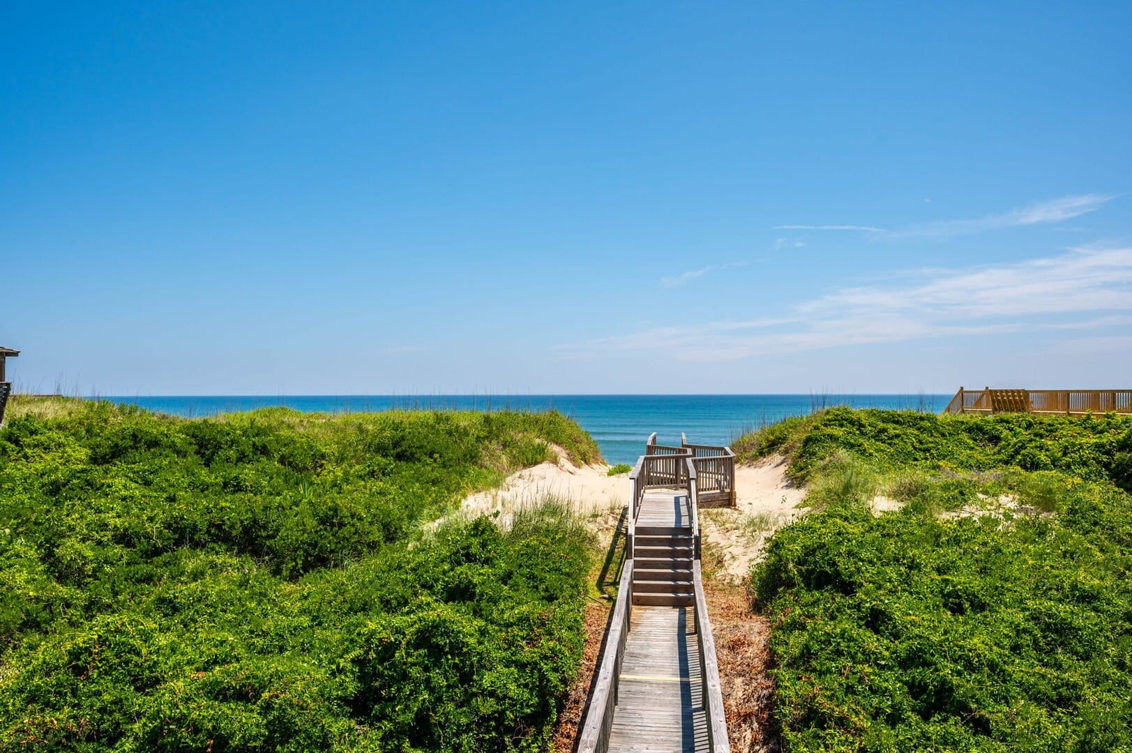 Wooden boardwalk leading to beach.