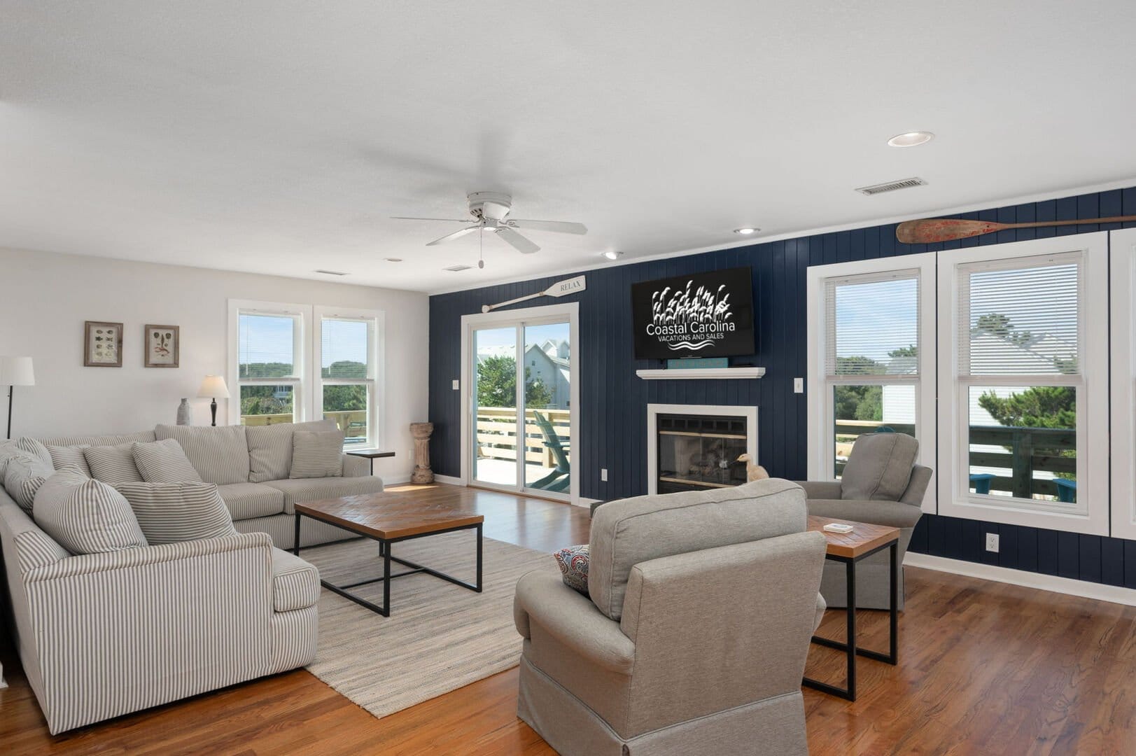 Cozy living room with coastal decor.