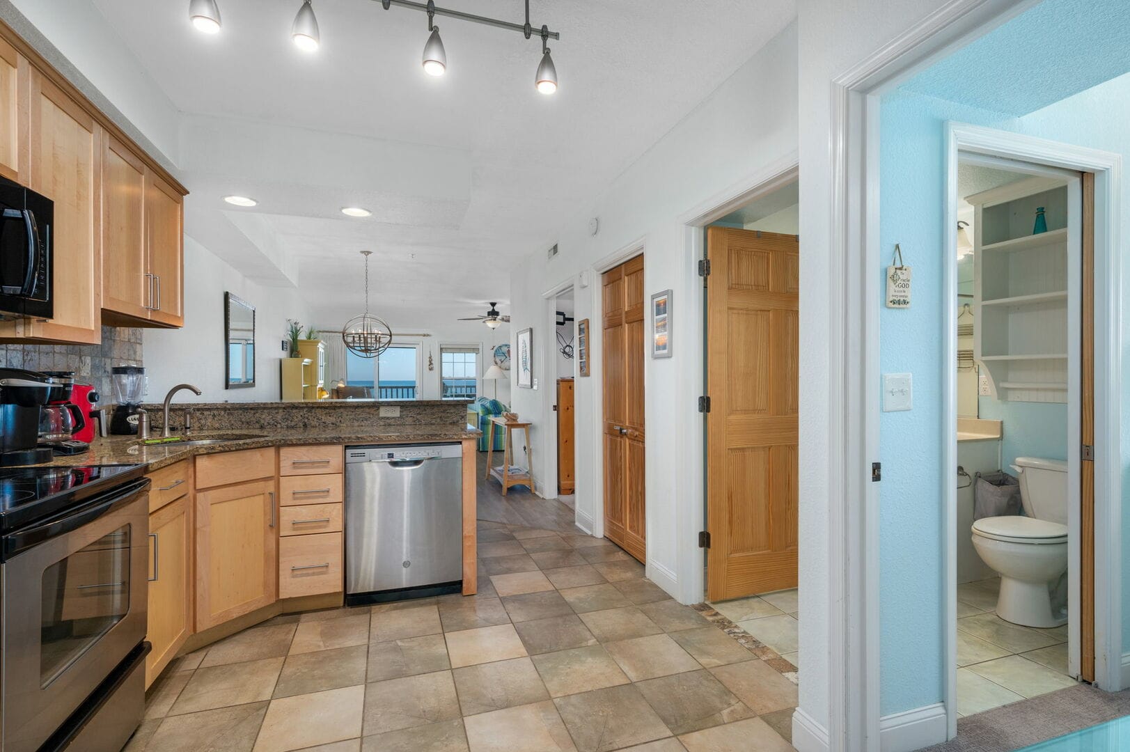 Modern kitchen and bathroom interior.