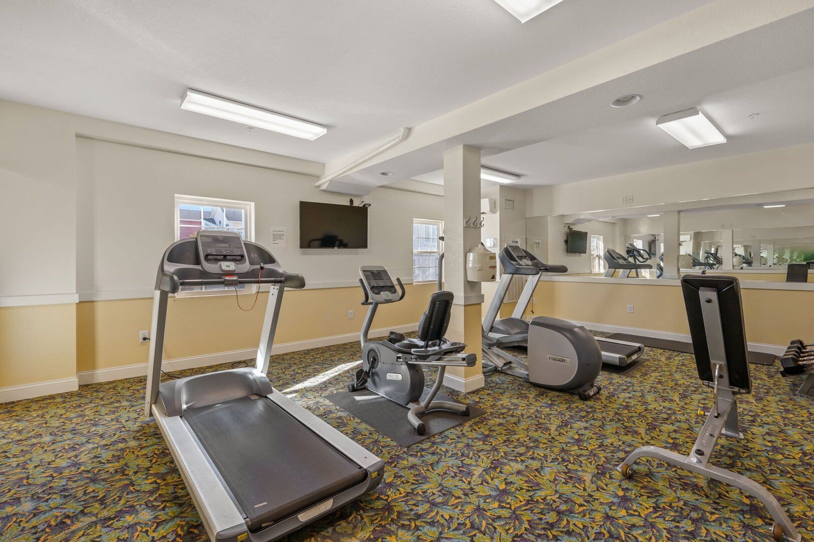 Small gym with various equipment.