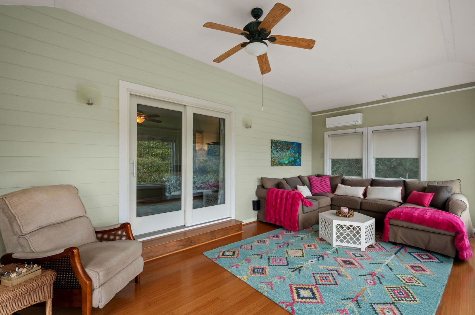 Cozy living room with colorful decor.