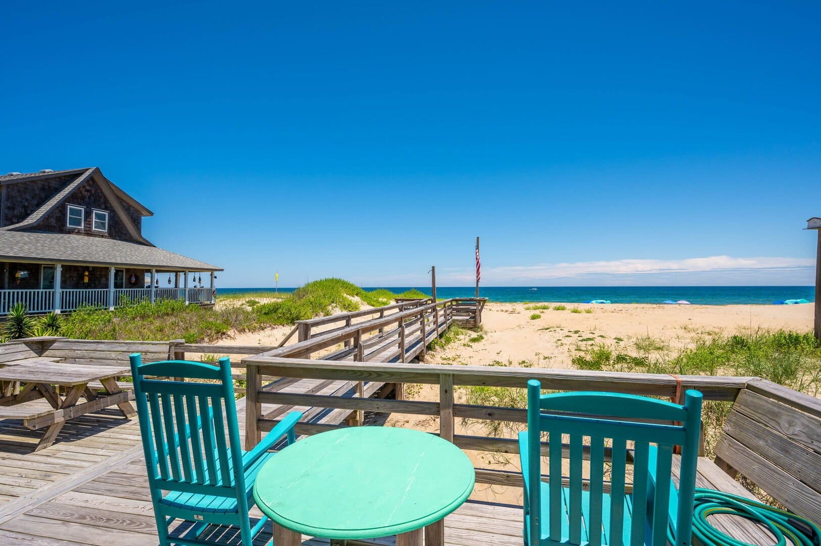 Oceanfront deck with chairs view.