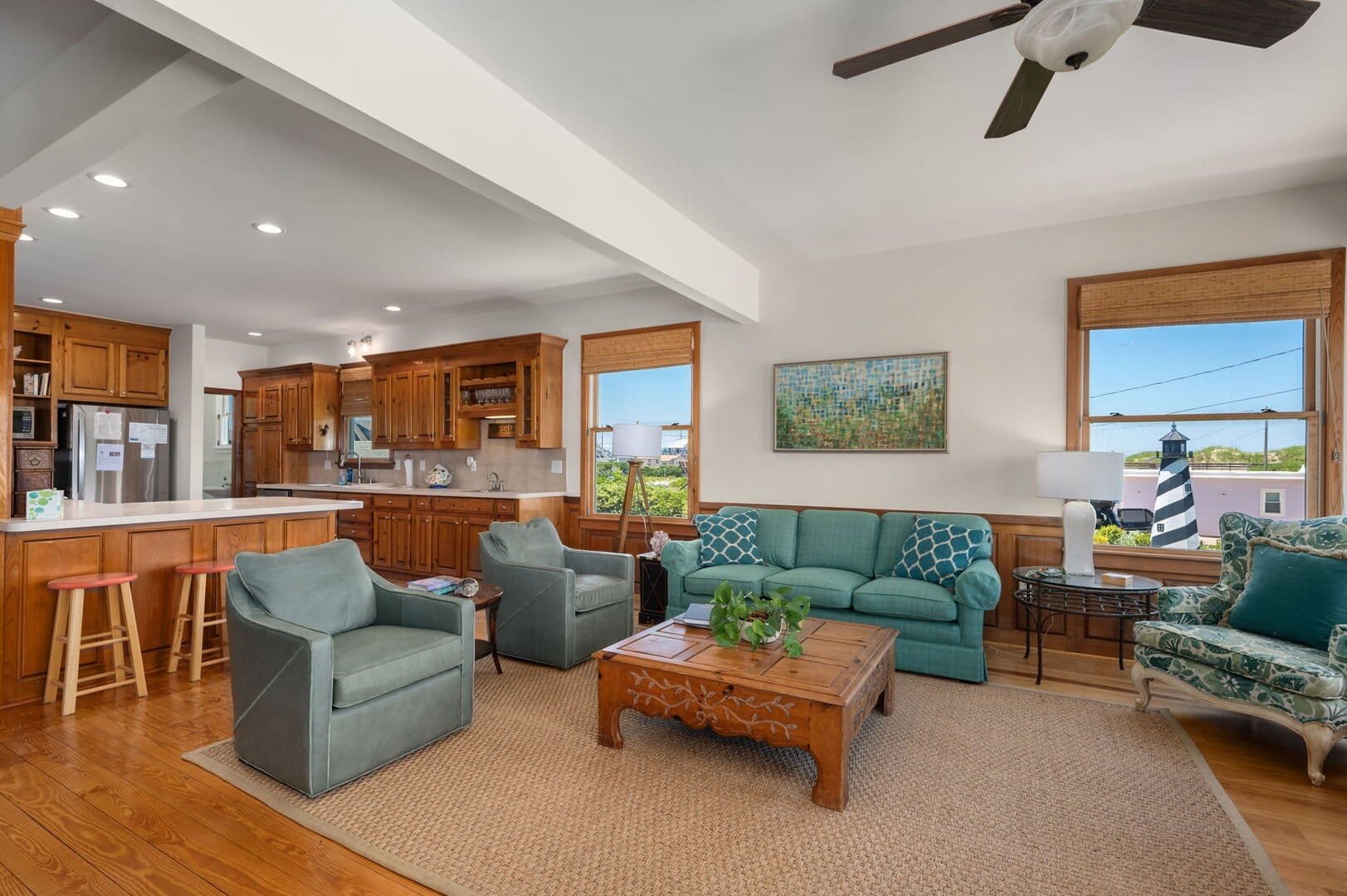 Cozy living room with kitchen.