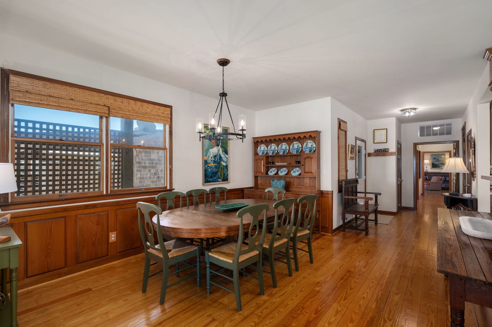 Dining room with wooden furniture.