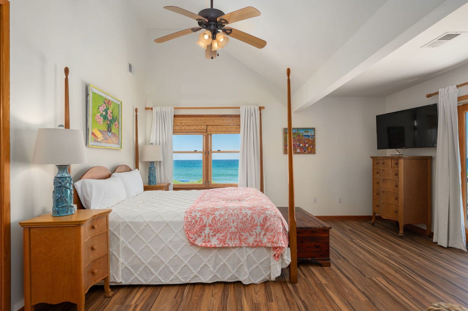 Bright bedroom with ocean view.