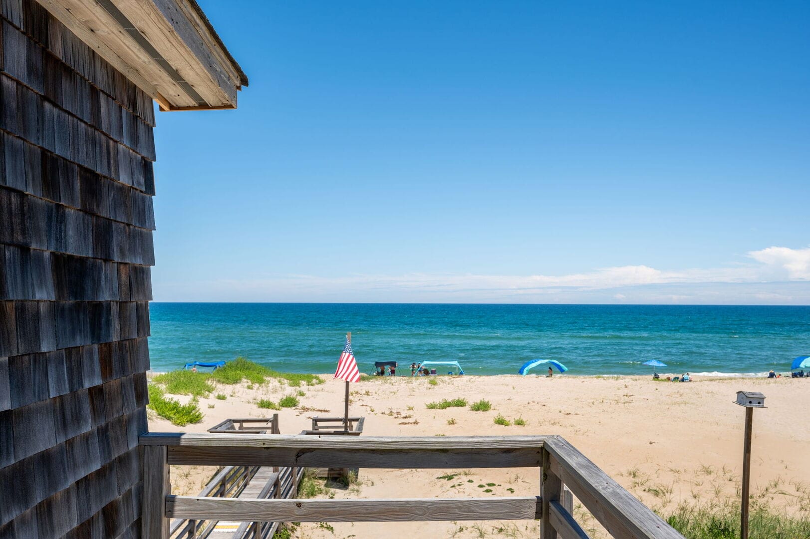 Beach view with American flag.