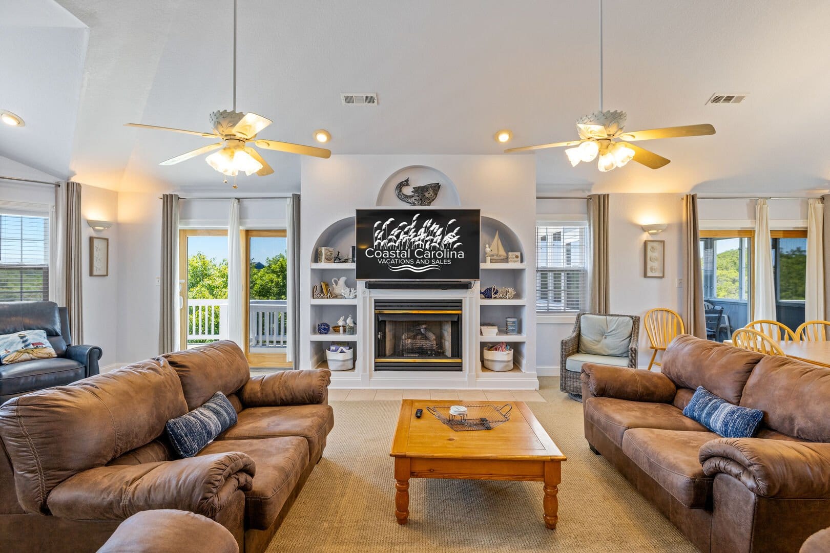 Cozy living room with brown couches.