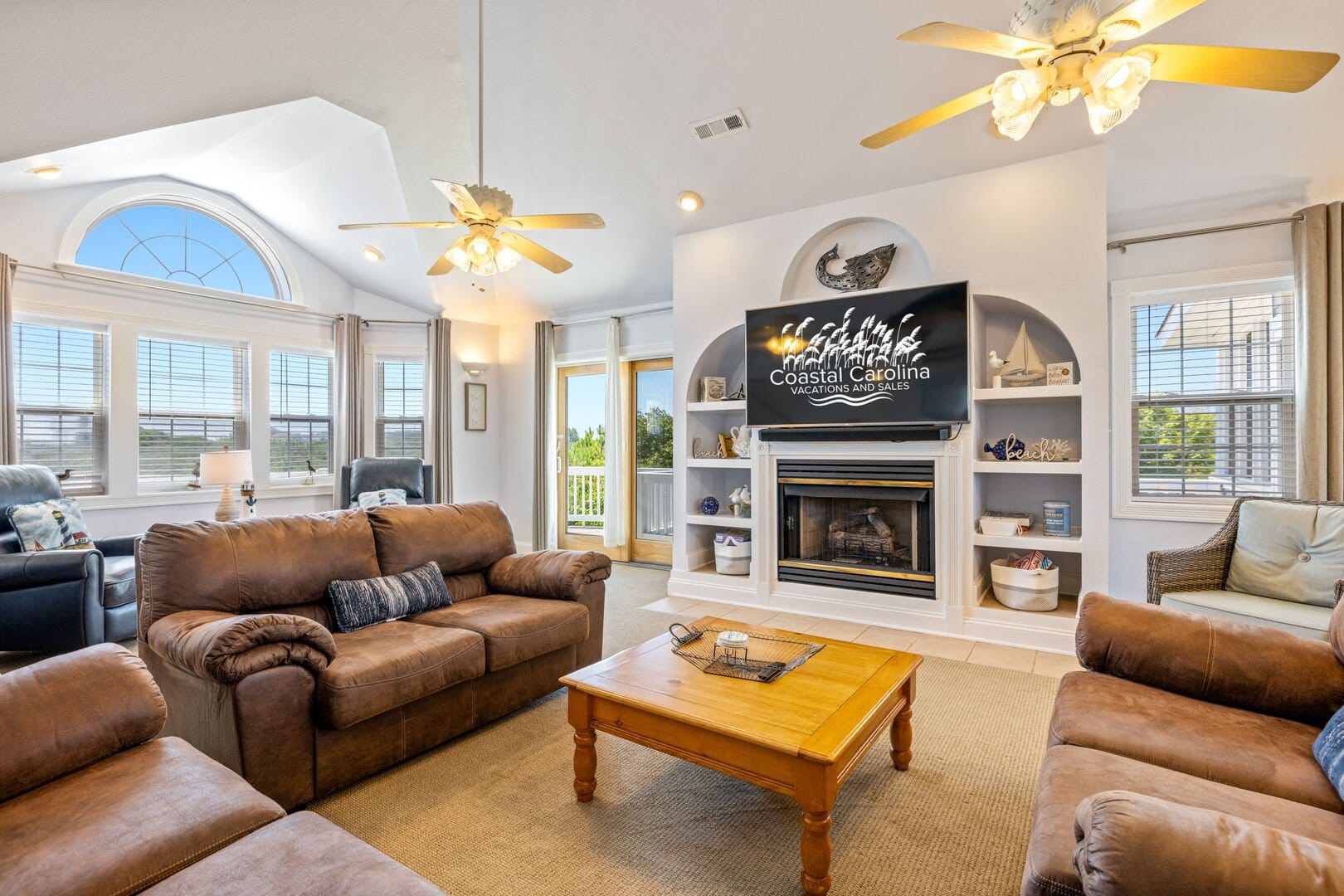 Cozy living room with fireplace.