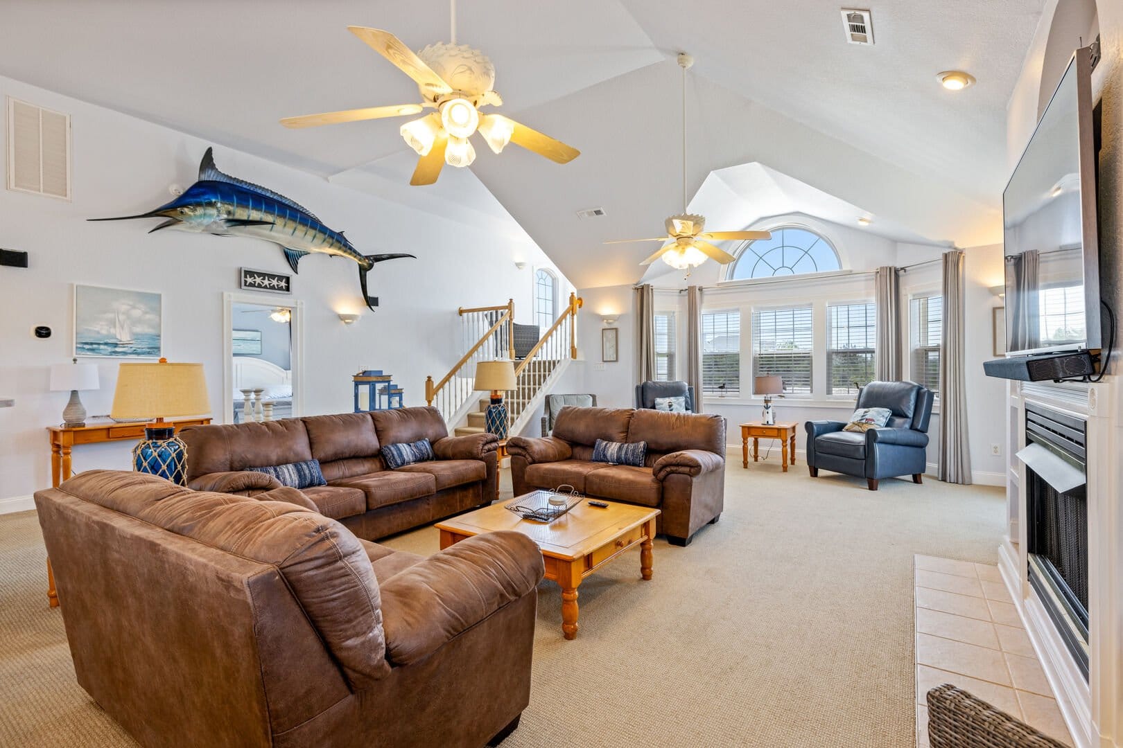 Cozy living room with fish decoration.