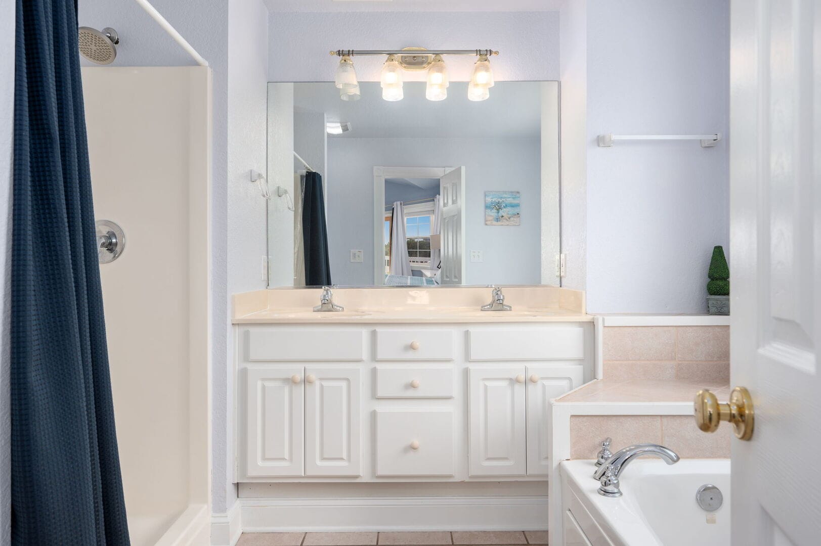 Modern bathroom with double sink.