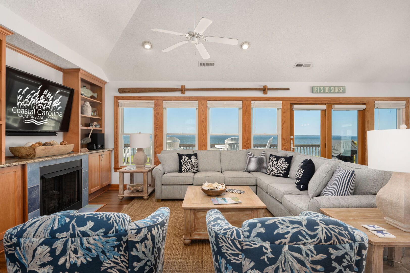 Cozy coastal living room with view.