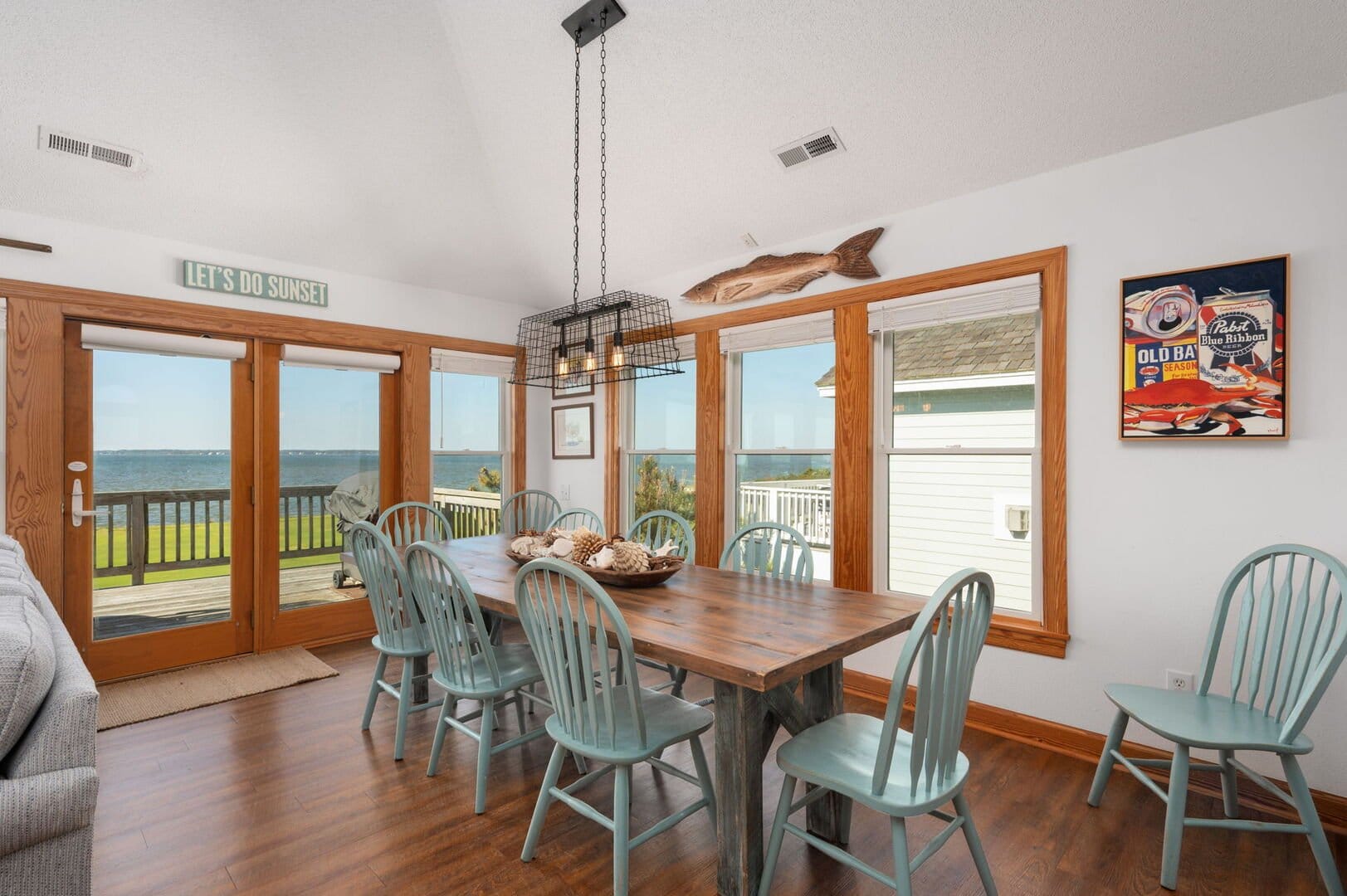 Coastal dining room with ocean view.
