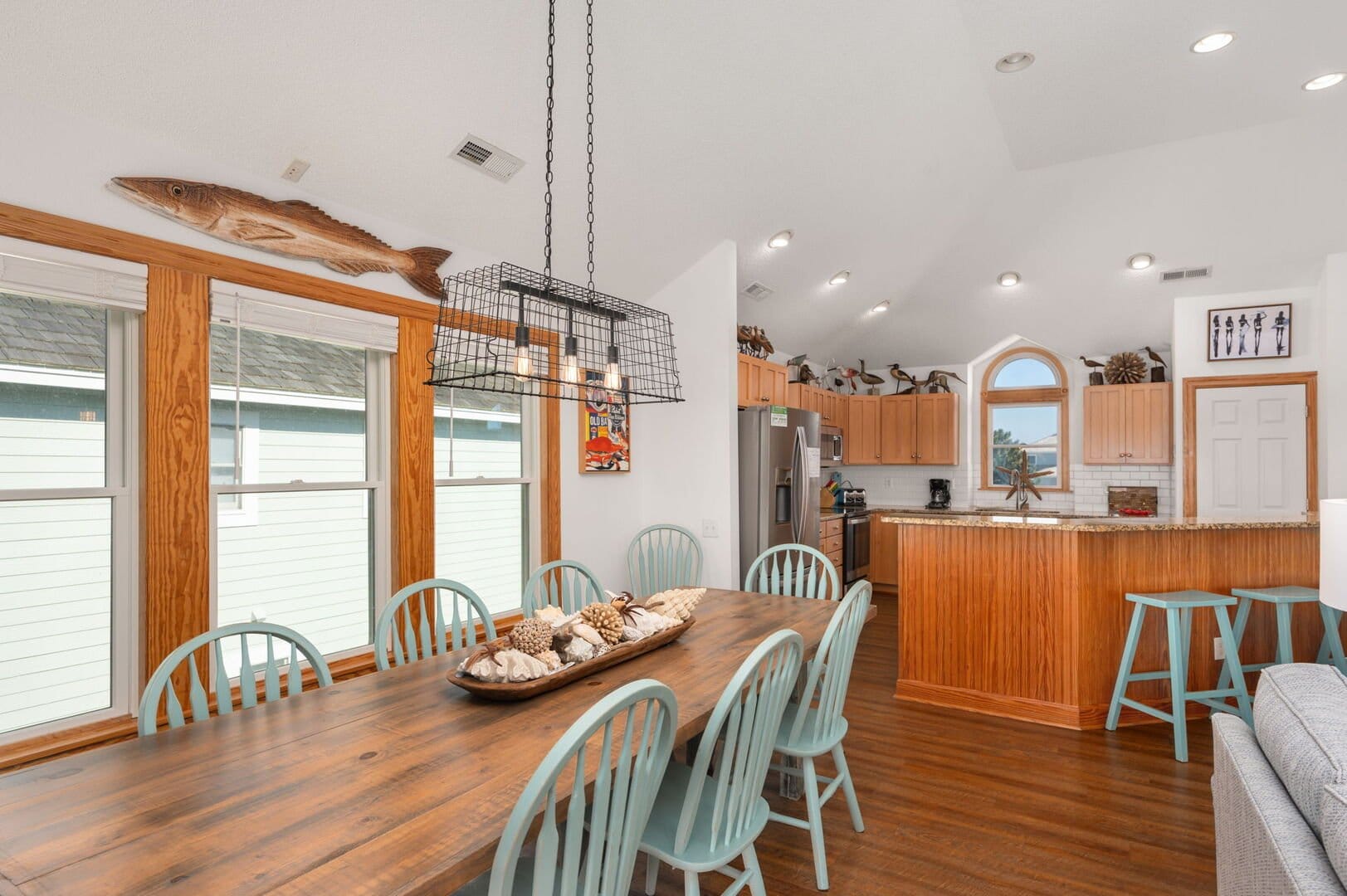 Dining room and kitchen, coastal decor.