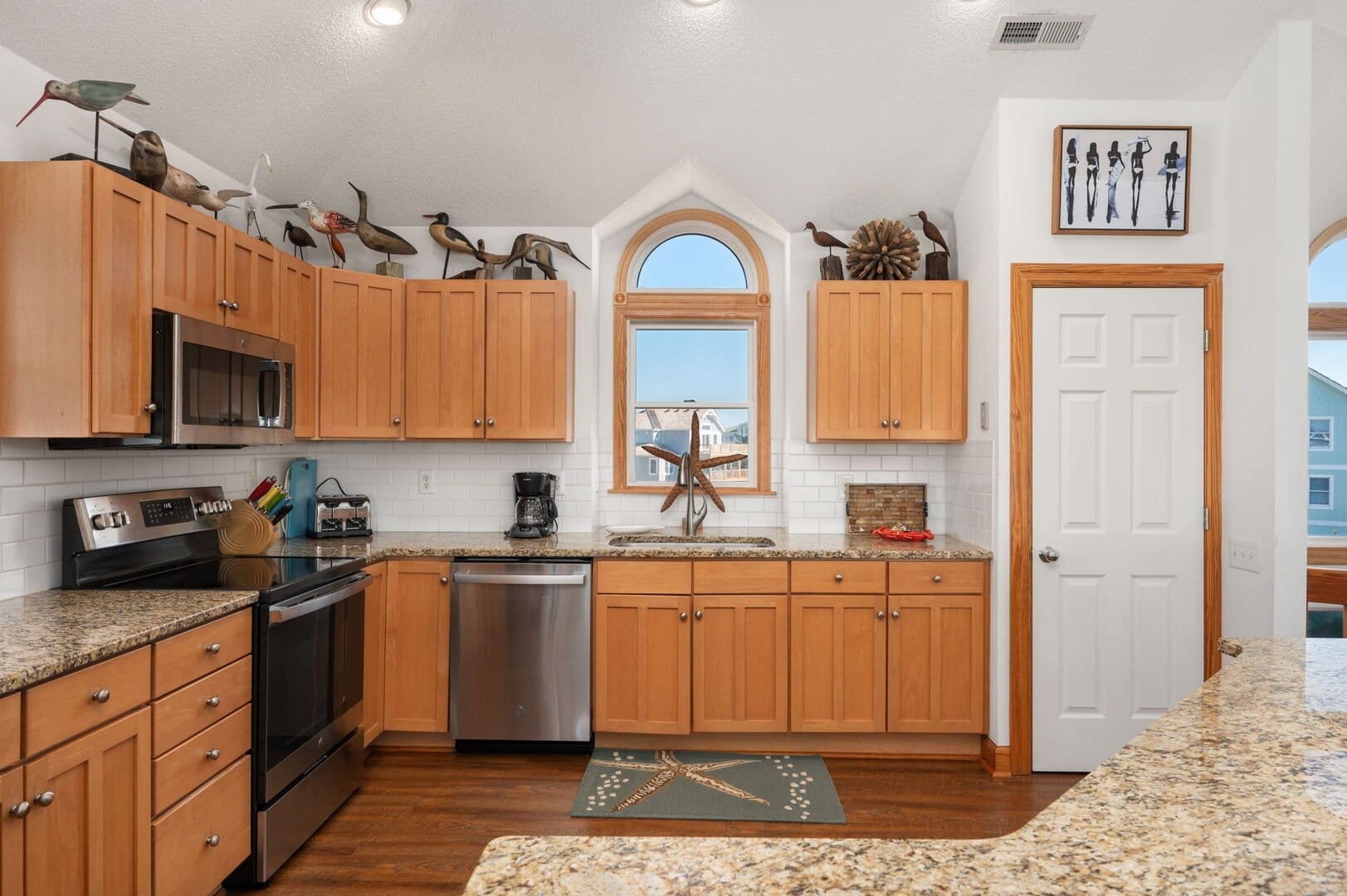 Kitchen with wooden cabinets, decor.