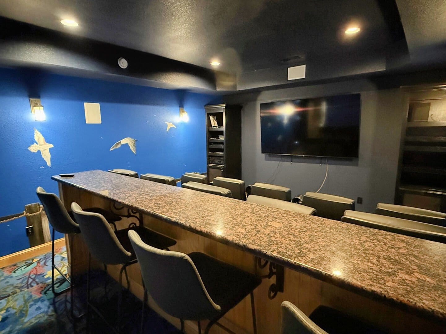 Home theater with bar seating.
