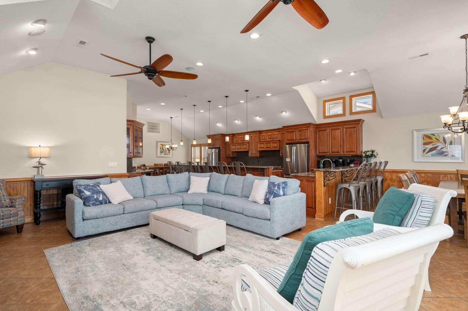 Spacious living area with kitchen.
