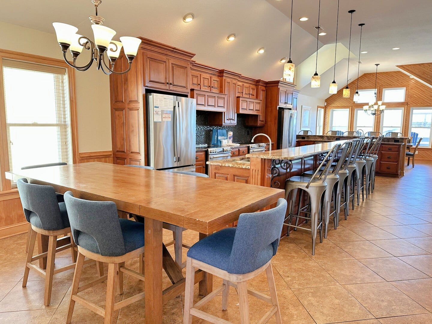 Spacious kitchen with wooden furnishings.