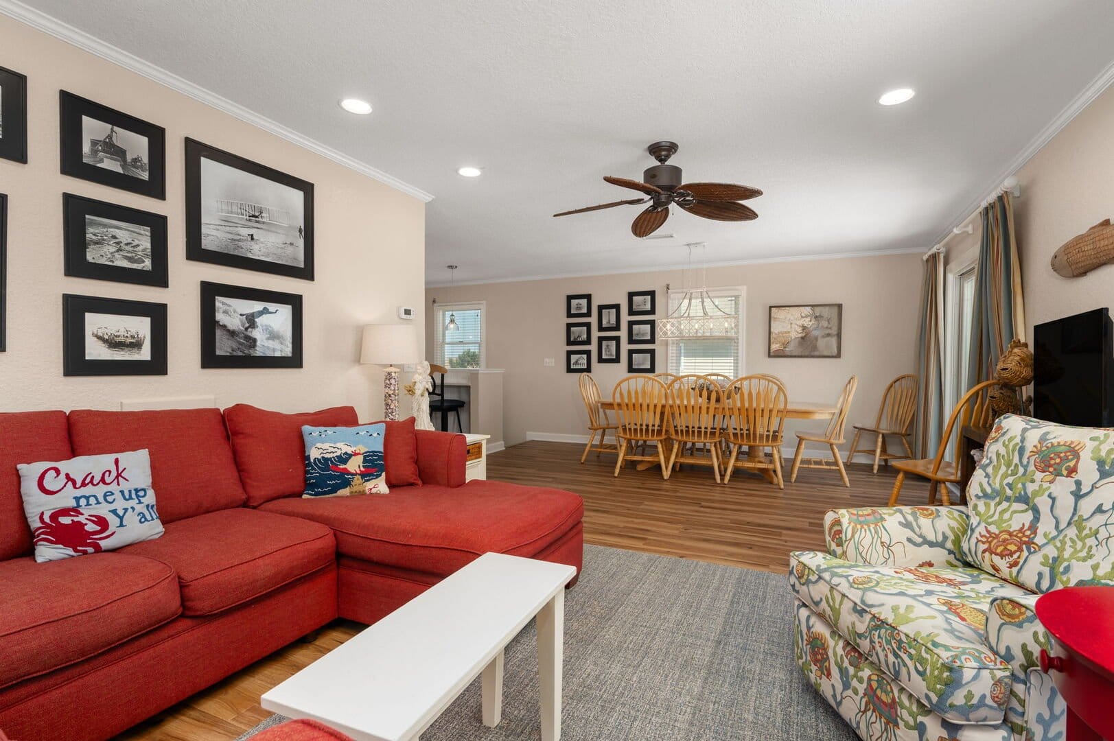 Cozy living room with red couch.