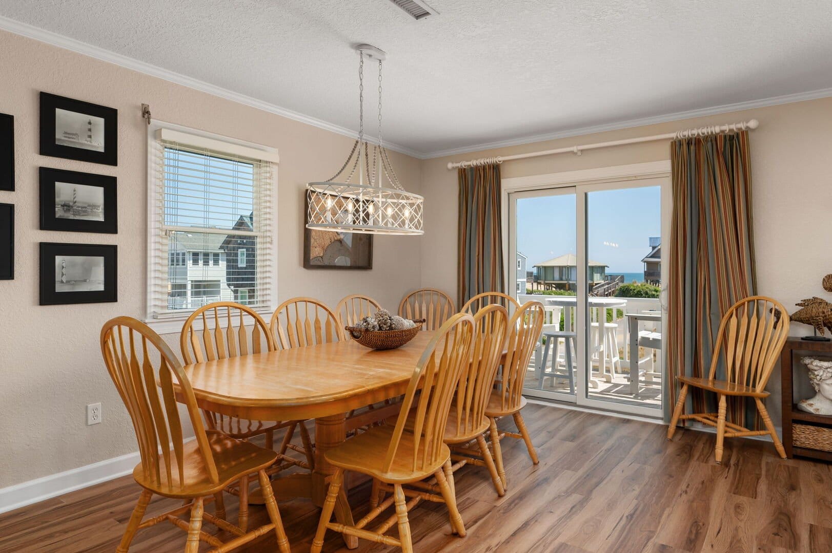 Dining room with wooden furniture.