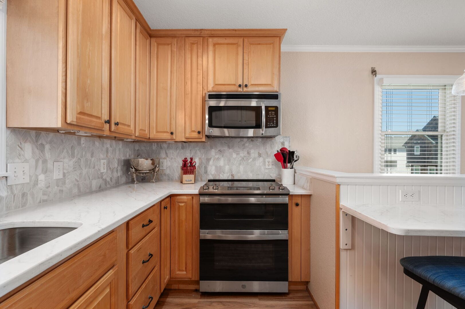 Modern kitchen with wooden cabinets.