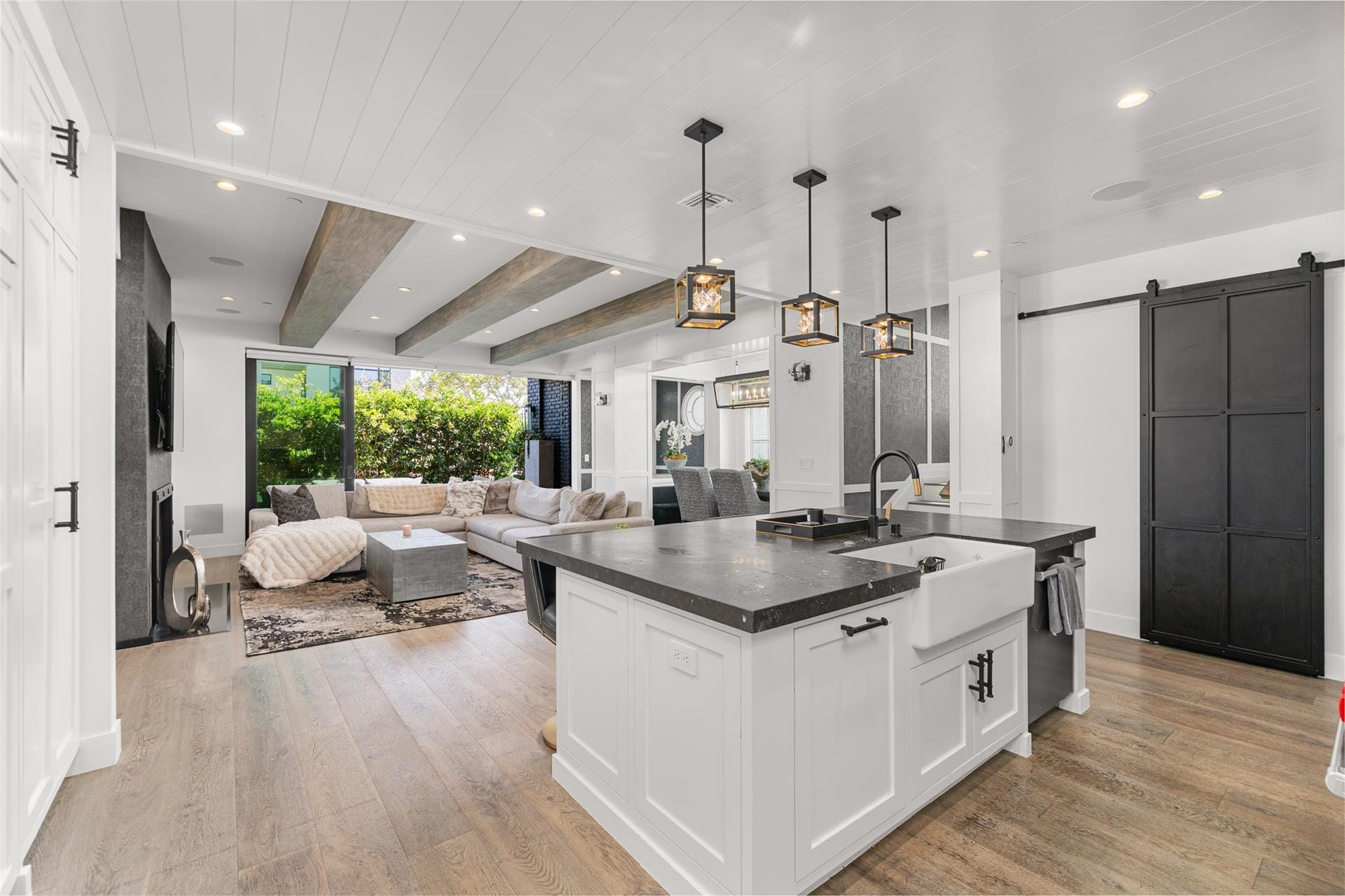 Modern kitchen and living room interior.