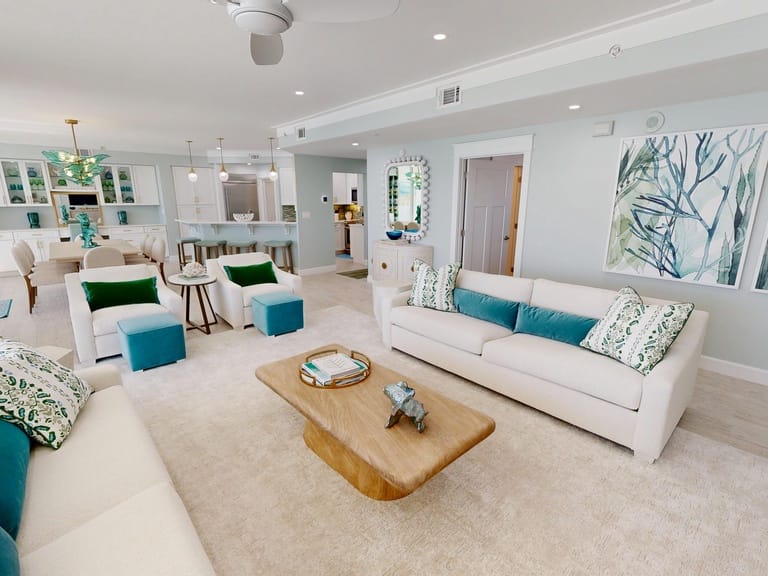 Spacious, modern living room interior.