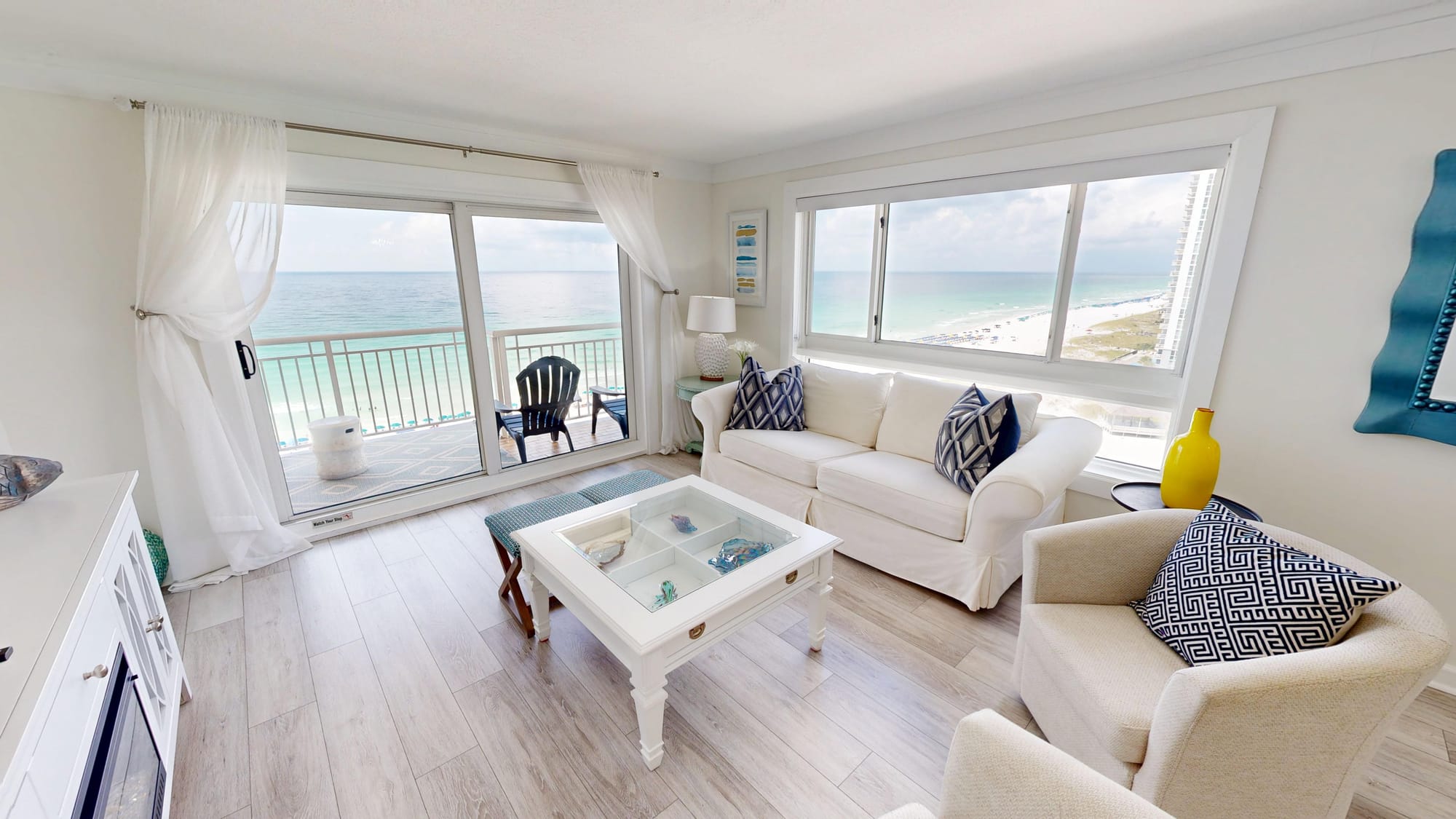 Coastal living room with ocean view.