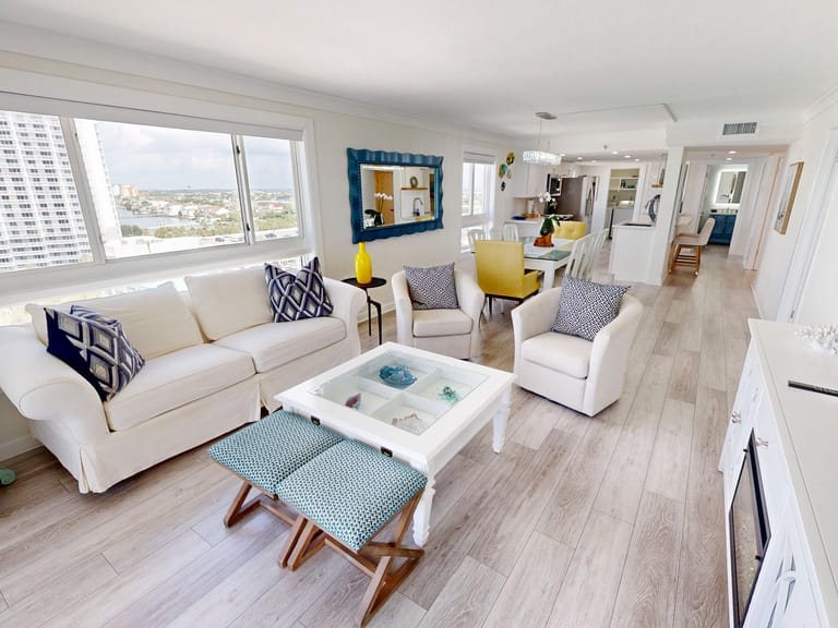 Bright, modern, open-plan living room.