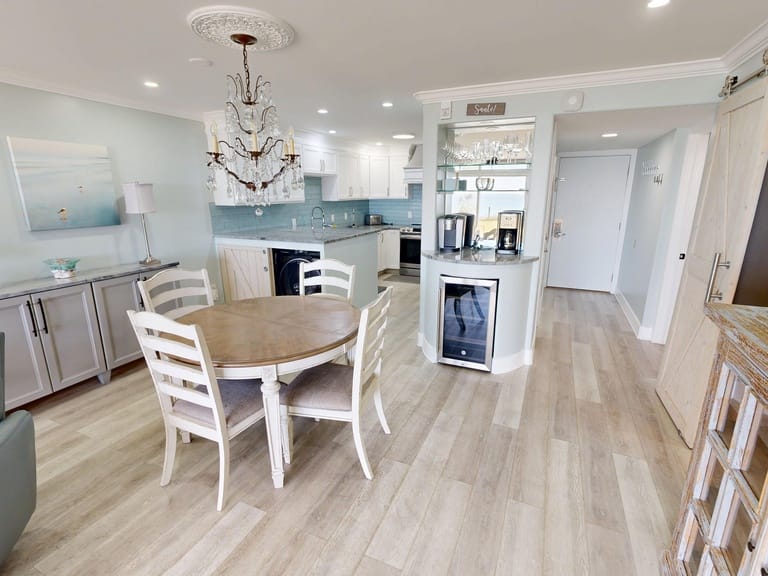 Modern open kitchen and dining area.