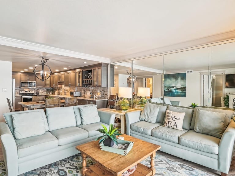 Cozy living room with kitchen.