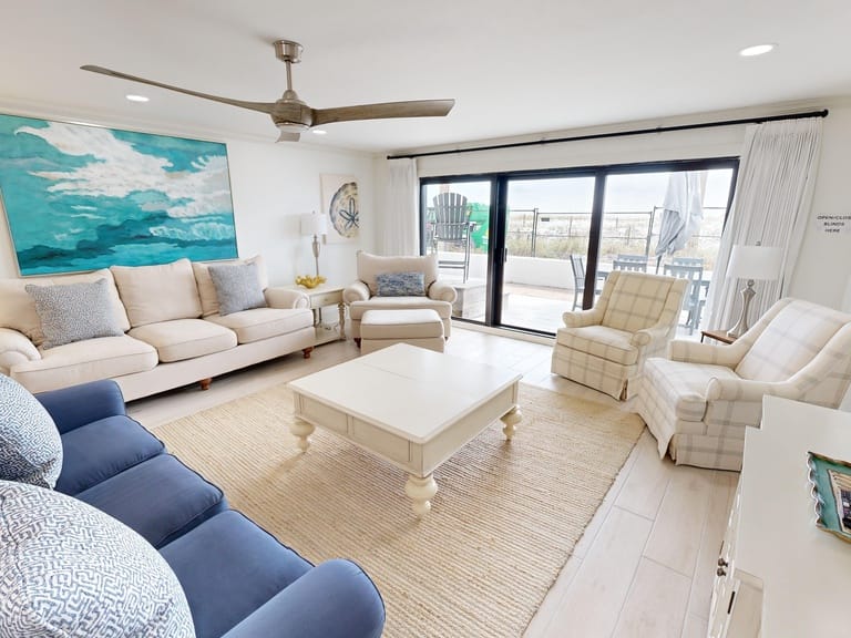 Bright living room with beach view.