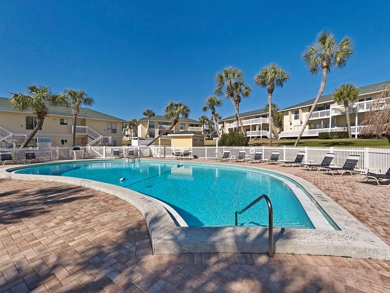 Outdoor pool with palm trees.