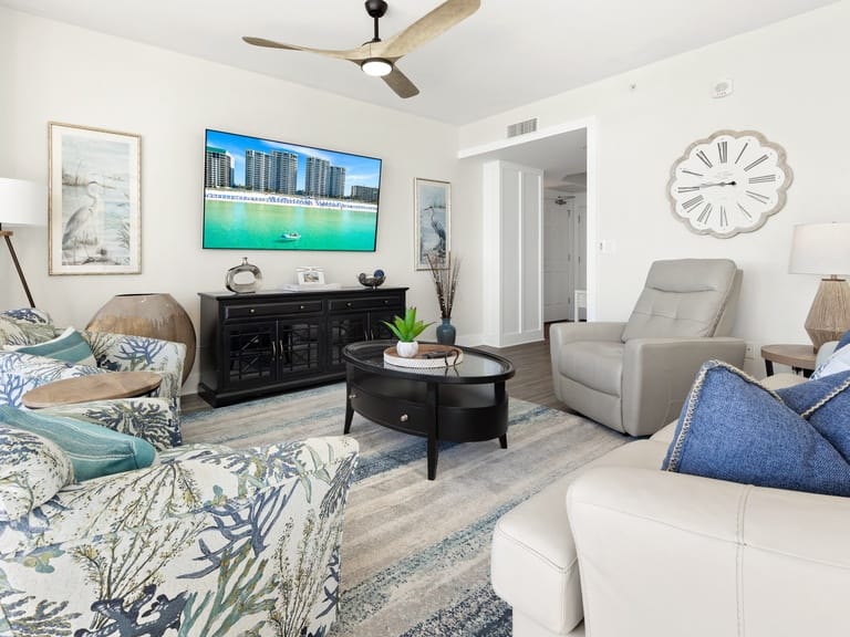 Cozy living room with beach decor.