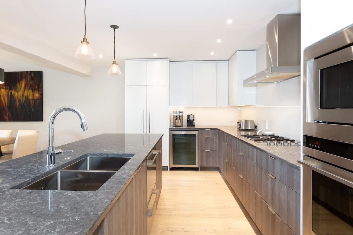 Modern kitchen with island countertop.