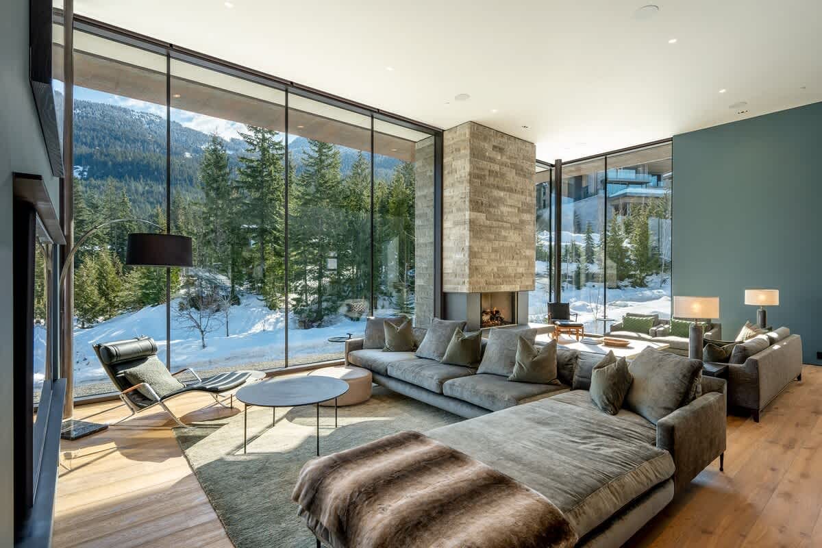Spacious living room with mountain view.