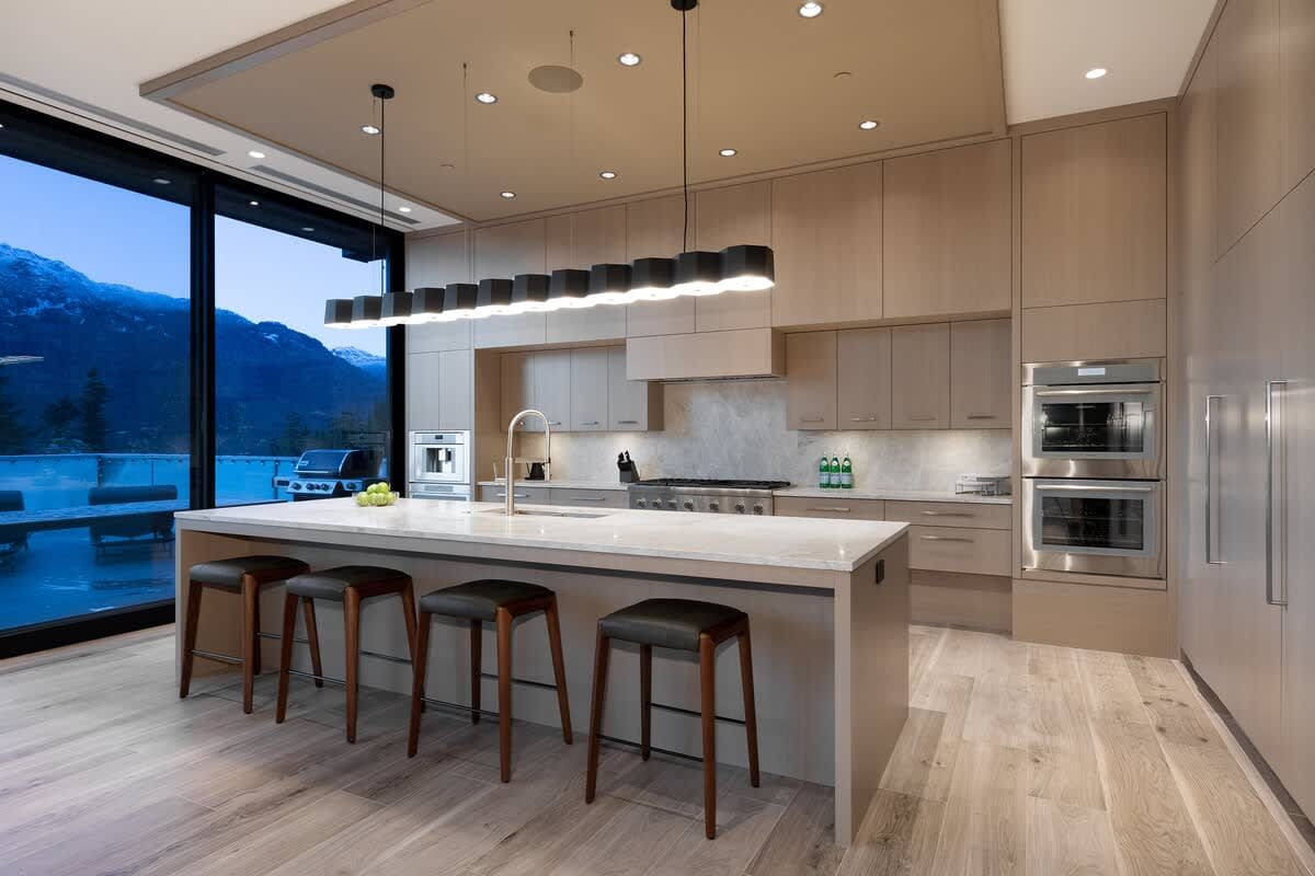 Modern kitchen with mountain view.
