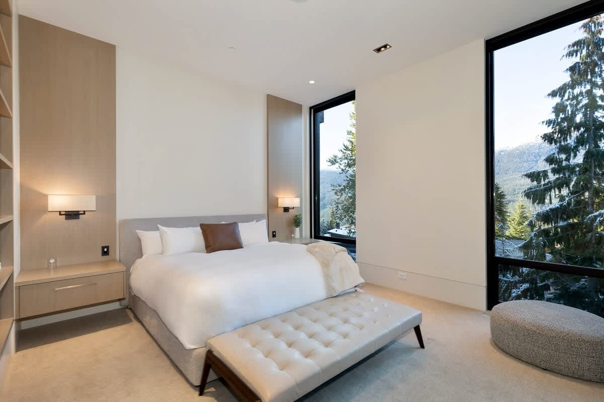 Modern bedroom with mountain view.