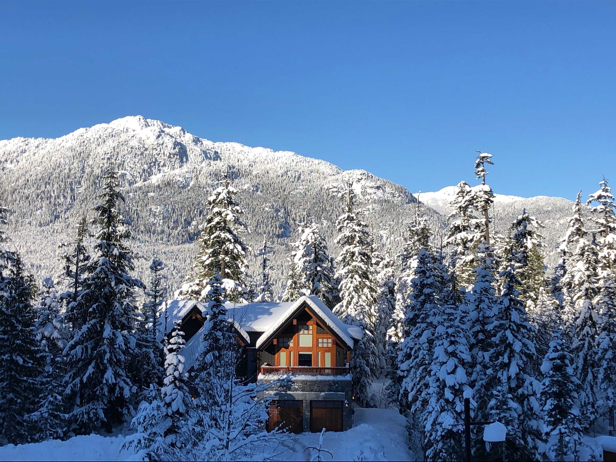 Snowy cabin in mountainous forest.