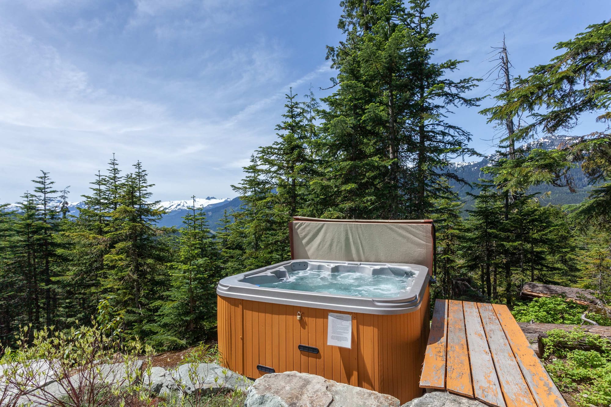 Outdoor hot tub in forest setting.
