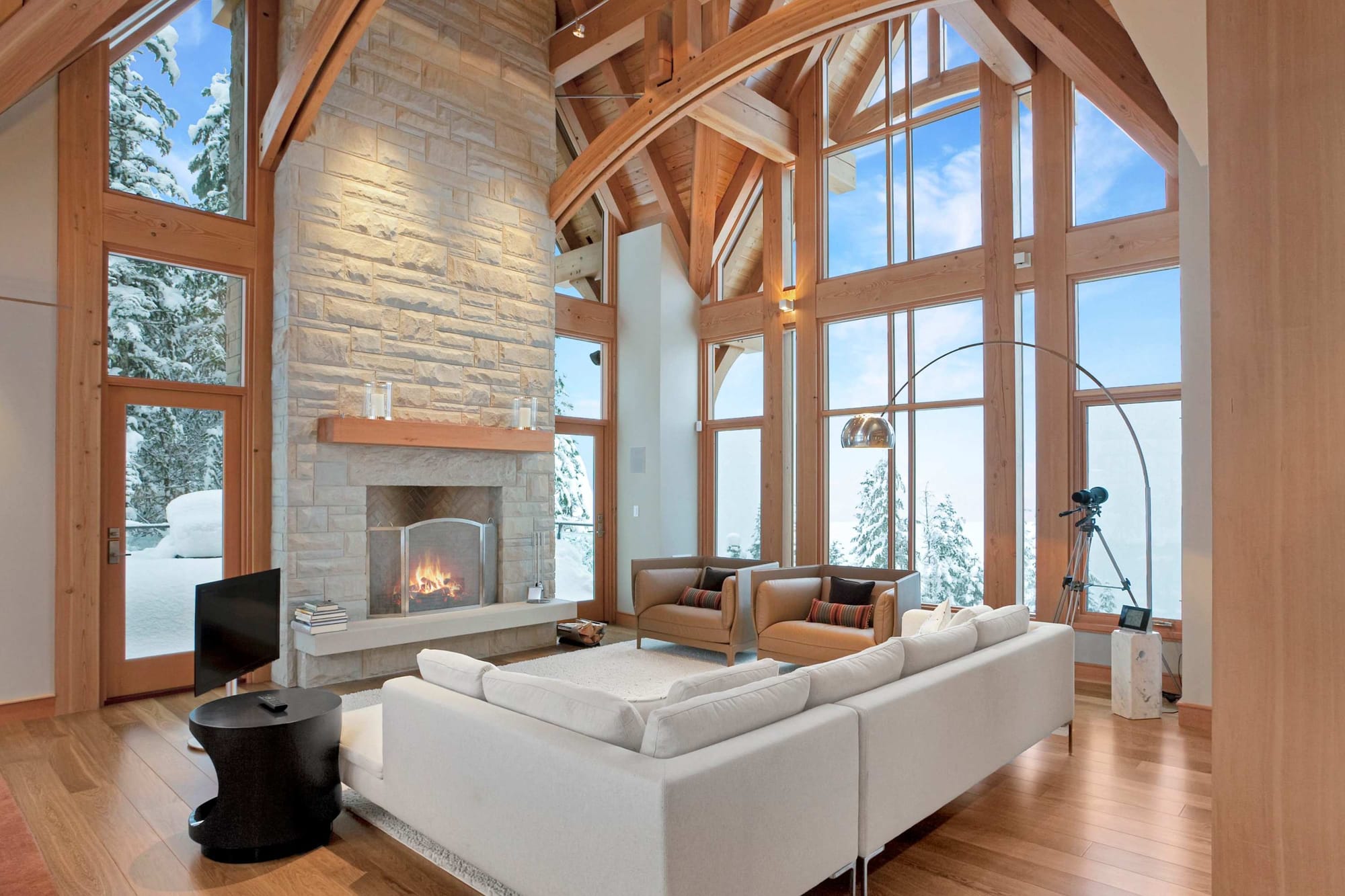 Spacious living room with fireplace.