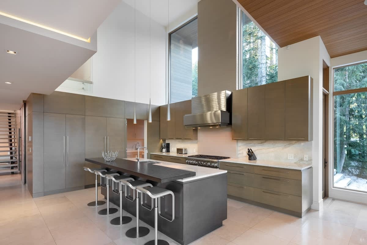 Modern kitchen with barstools and island.