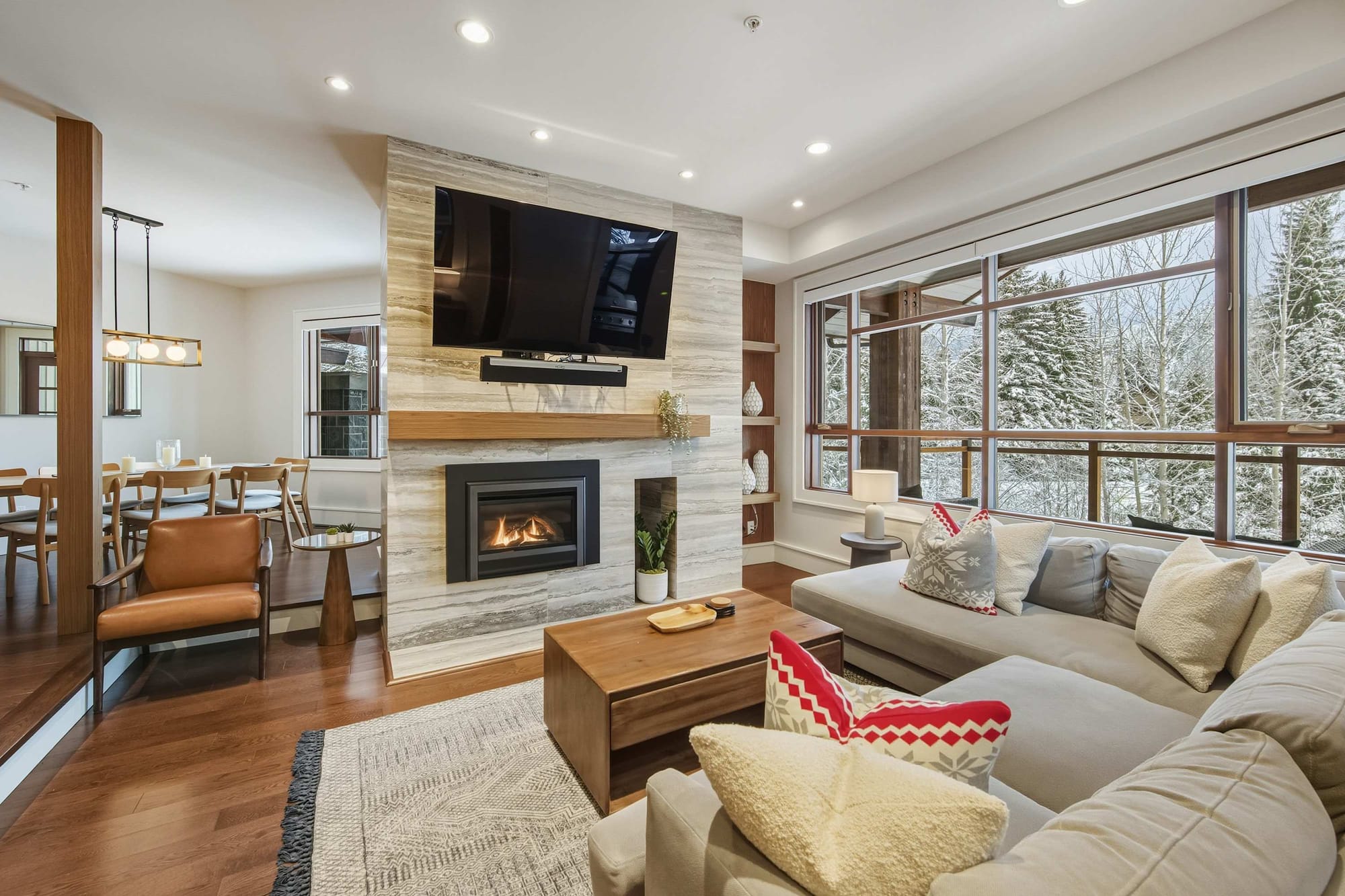 Modern living room with fireplace.