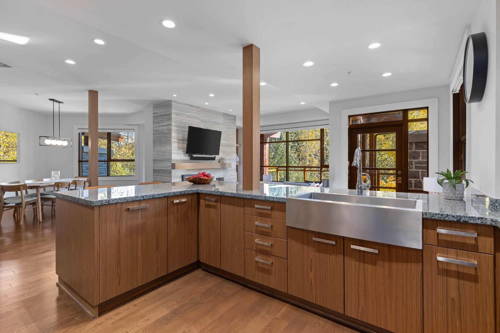 Modern kitchen with wood accents.