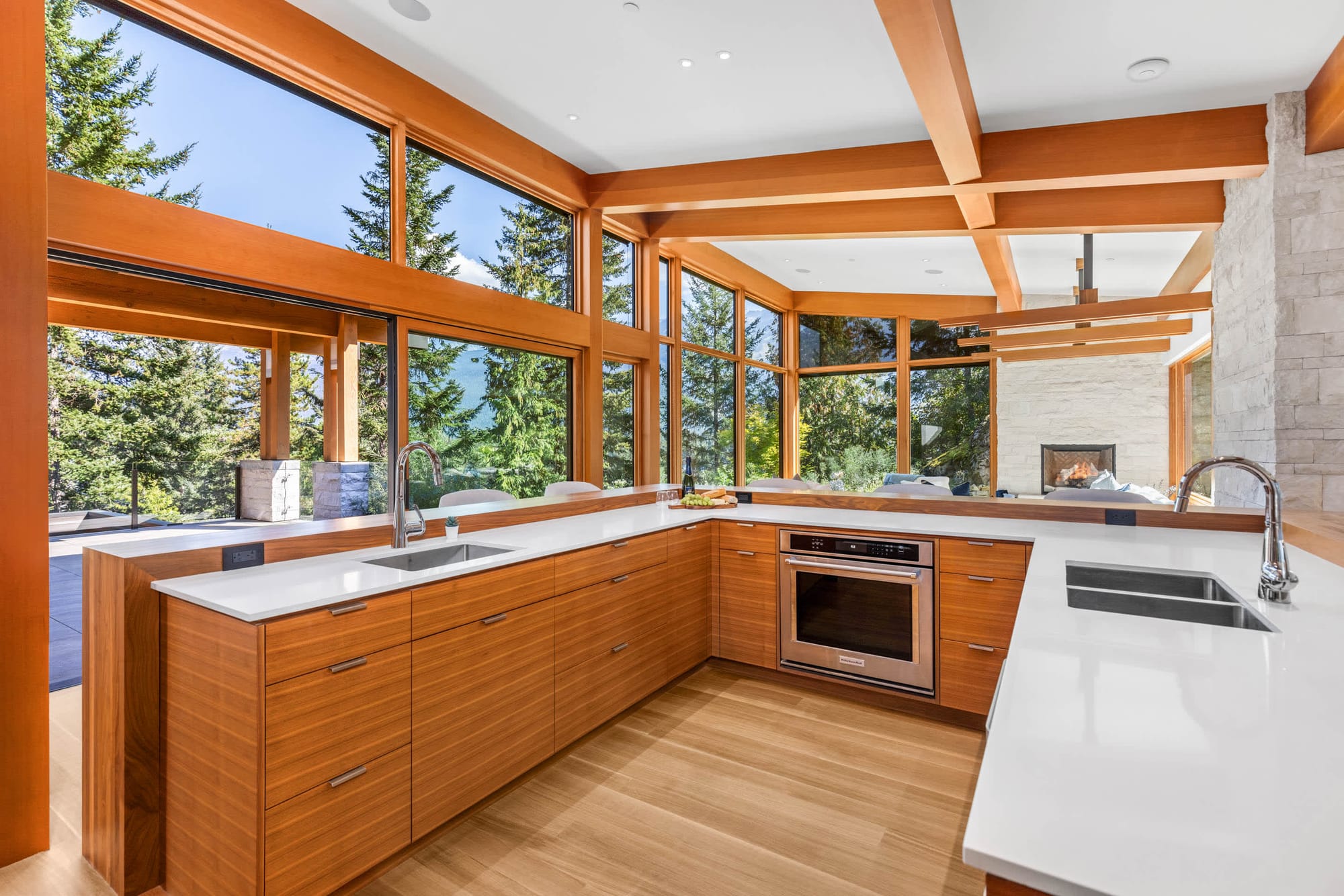 Modern kitchen with large windows.